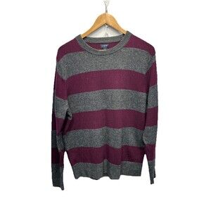 J Crew Crewneck Sweater Mens Large Lambs Wool Blend Burgundy Gray Striped